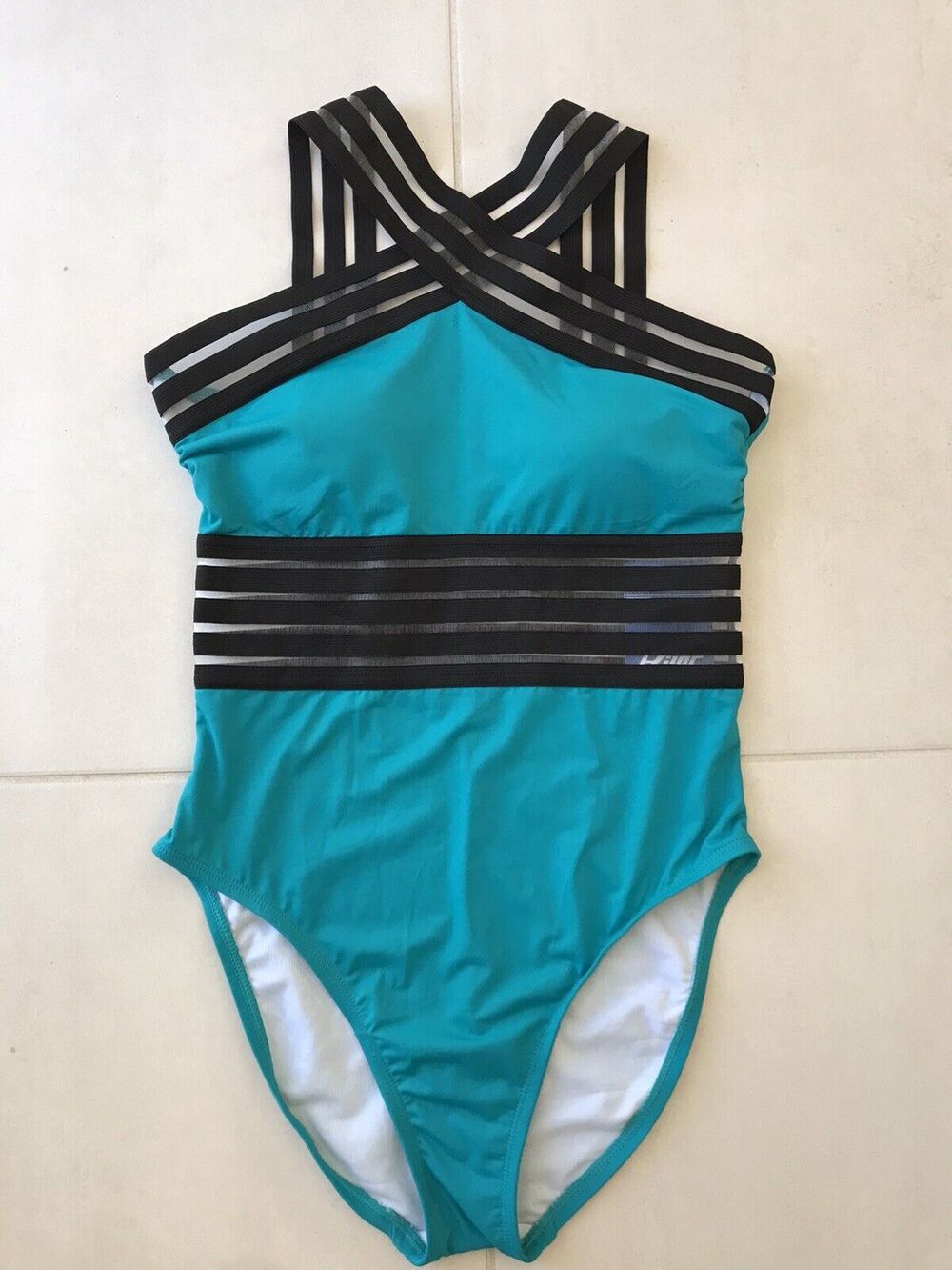 Hilor Swimsuit One Piece Padded Semi Sheer Crossover Colorblock